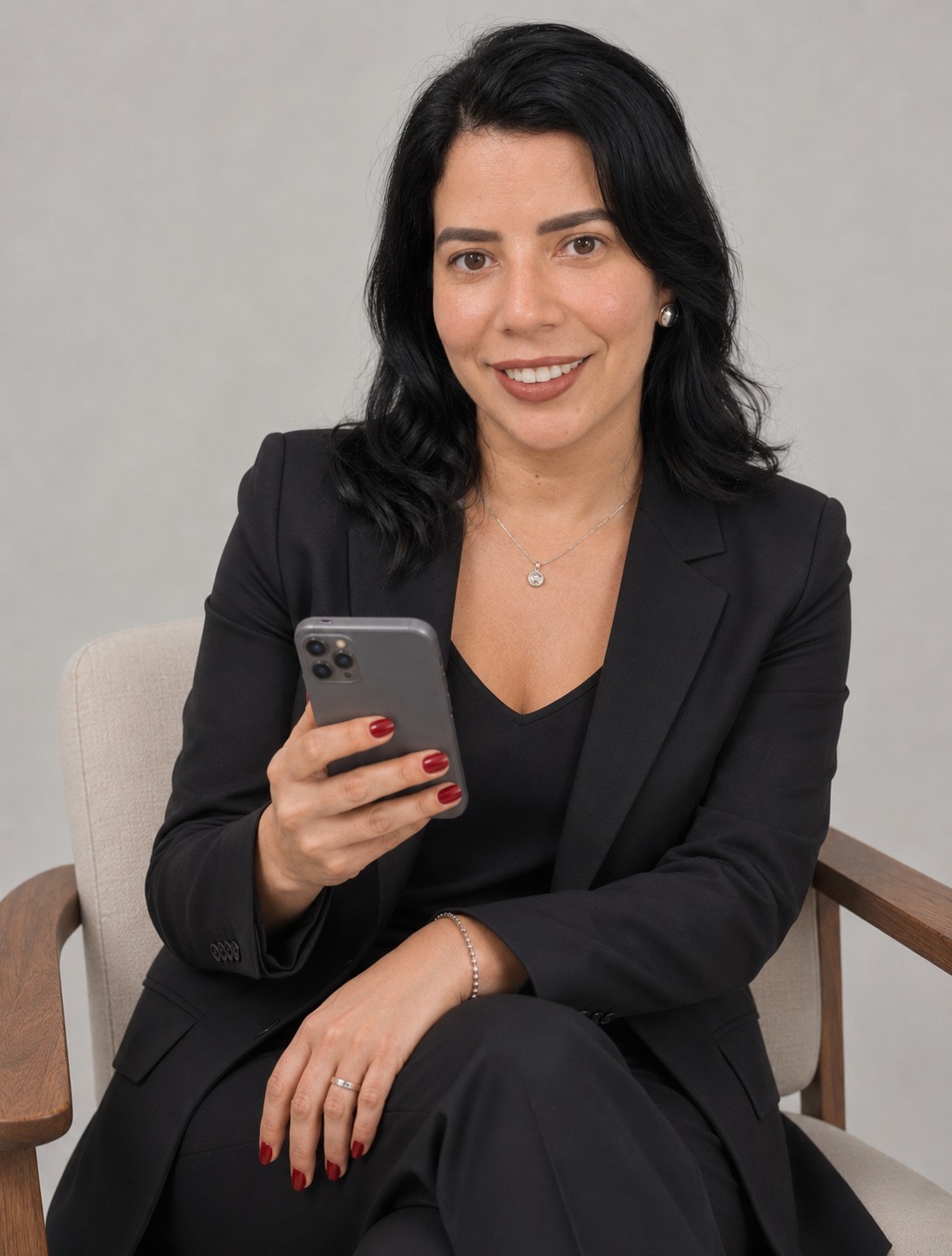 Psicóloga do Espaço Mente Resiliente sentada em uma poltrona, sorrindo com um celular na mão